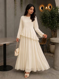 Yezwe Ivory Faux Georgette Asymmetric Ruffle Maxi Dress | Lace-Up Back & Flowing Silhouette for Women