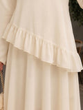 Yezwe Ivory Faux Georgette Asymmetric Ruffle Maxi Dress | Lace-Up Back & Flowing Silhouette for Women