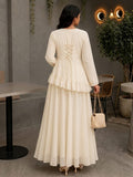 Yezwe Ivory Faux Georgette Asymmetric Ruffle Maxi Dress | Lace-Up Back & Flowing Silhouette for Women