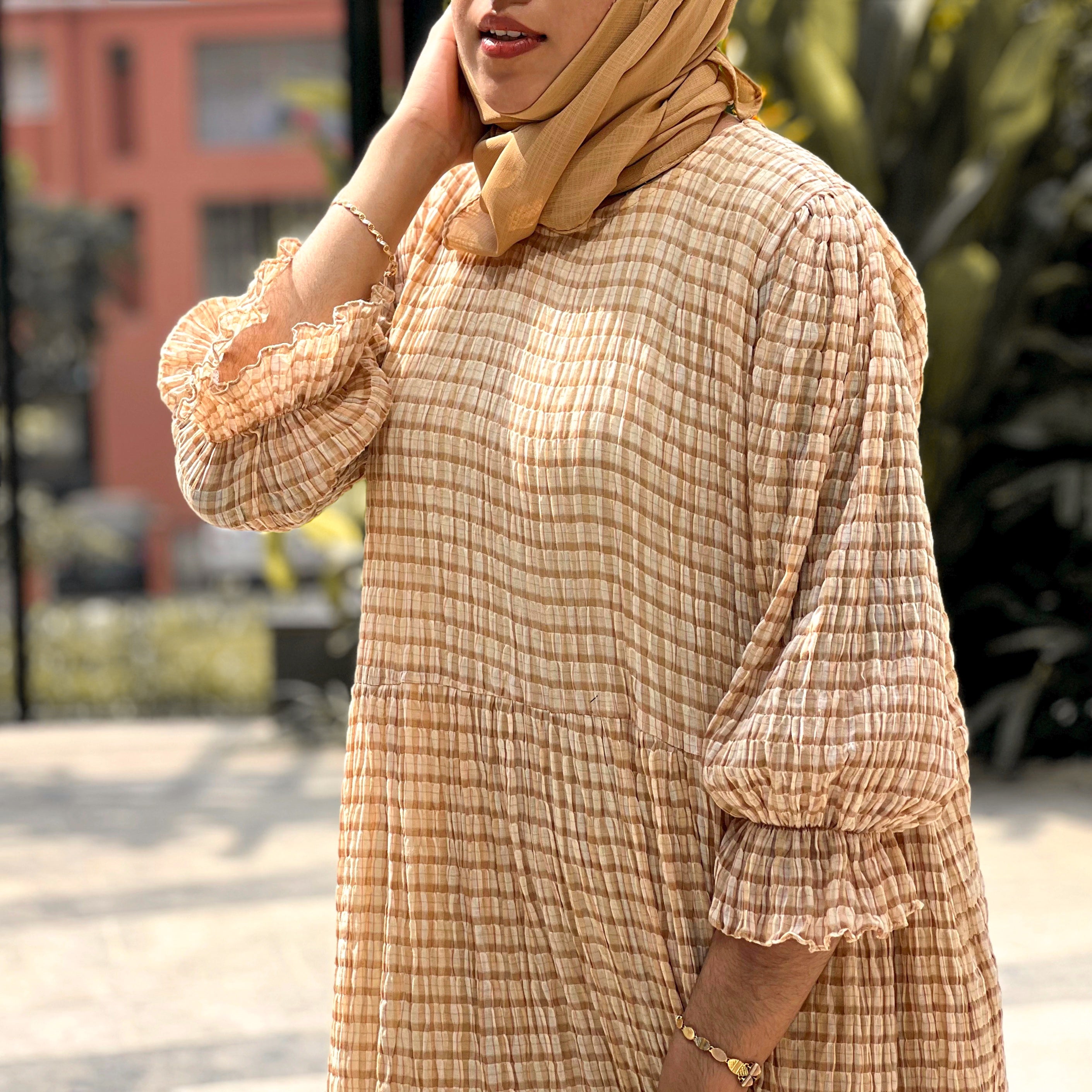 Yezwe Check Print Crush Beige Oversize Comfortable Maxi Dress - Modest Wear