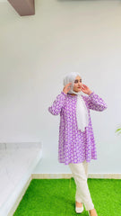 Yezwe Purple Small Flower Print Top and White Pant Co-ord Set - Modest Wear