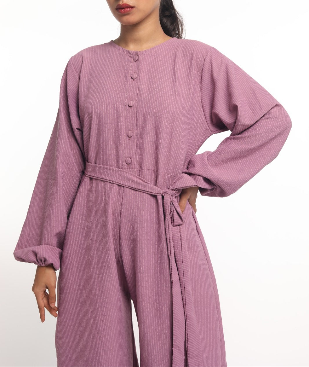 Yezwe Onion Pink Jumpsuit with Cloth Belt - Full Sleeve Western Wear