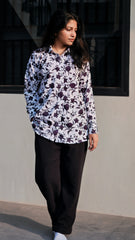 Yezwe Black and White Floral Print Over Size Shirt and Textured Black Bell Button Pant Co-ord Set - Modest Wear