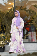 Yezwe Purple Marble Big Print Maxi Dress with Attached Belt - Modest Wear