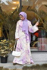 Yezwe Purple Marble Big Print Maxi Dress with Attached Belt - Modest Wear