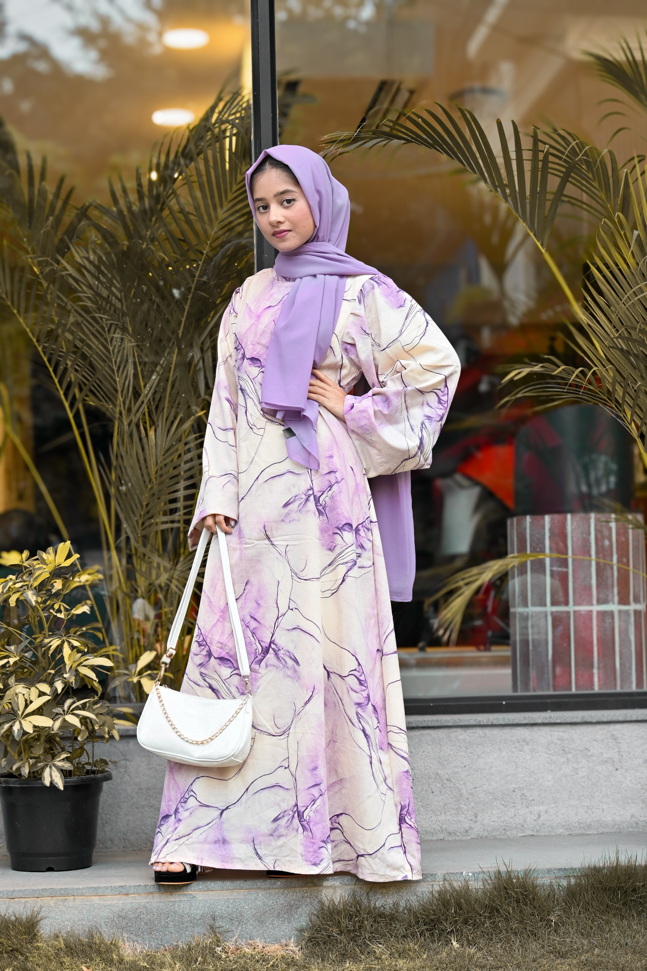 Yezwe Purple Marble Big Print Maxi Dress with Attached Belt - Modest Wear