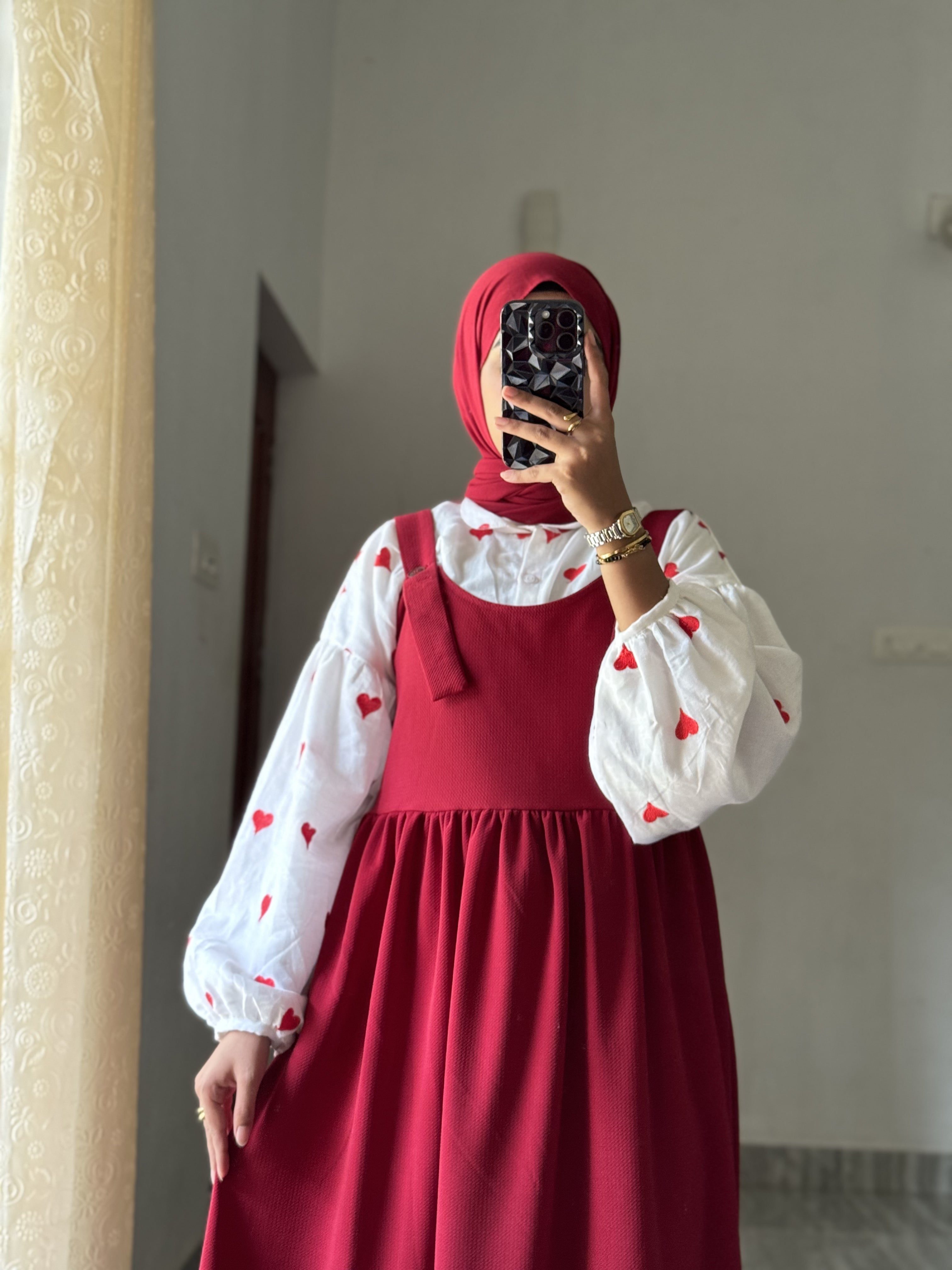 Yezwe Red Pinafore Full Length with Embroidered Love Print Kora Fabric Inner - Modest Wear