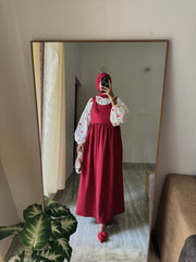 Yezwe Red Pinafore Full Length with Embroidered Love Print Kora Fabric Inner - Modest Wear