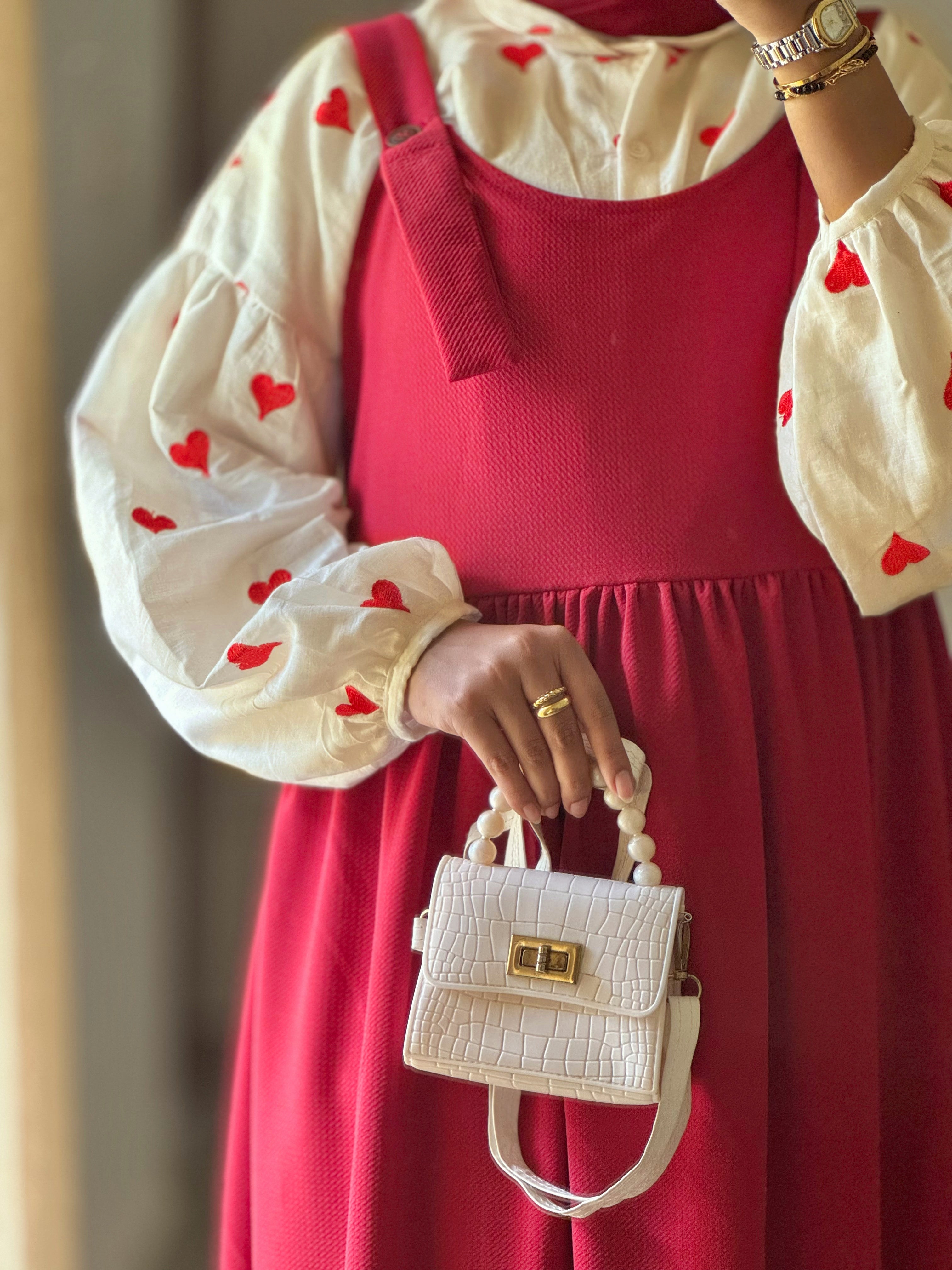 Yezwe Red Pinafore Full Length with Embroidered Love Print Kora Fabric Inner - Modest Wear