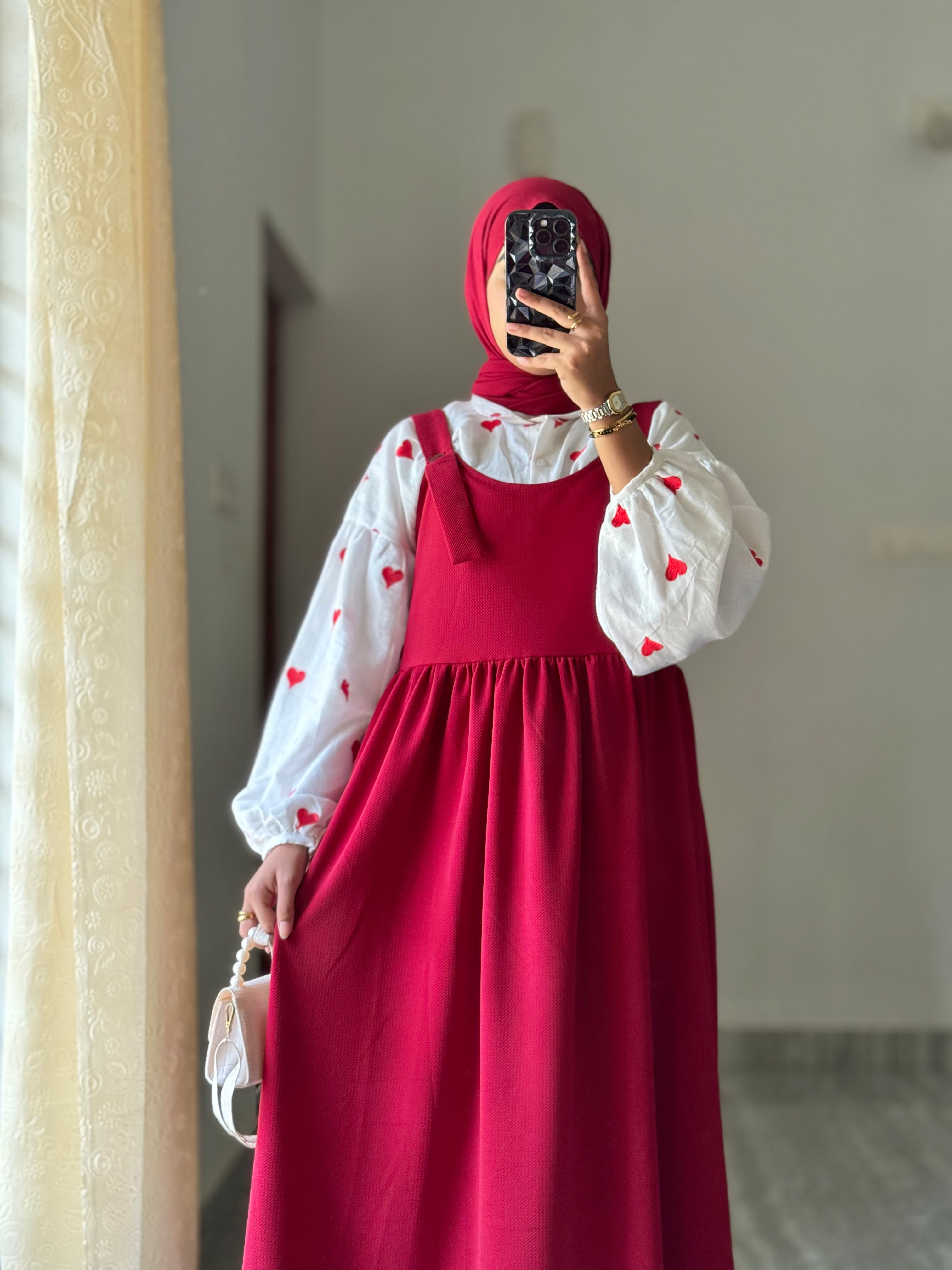 Yezwe Red Pinafore Full Length with Embroidered Love Print Kora Fabric Inner - Modest Wear