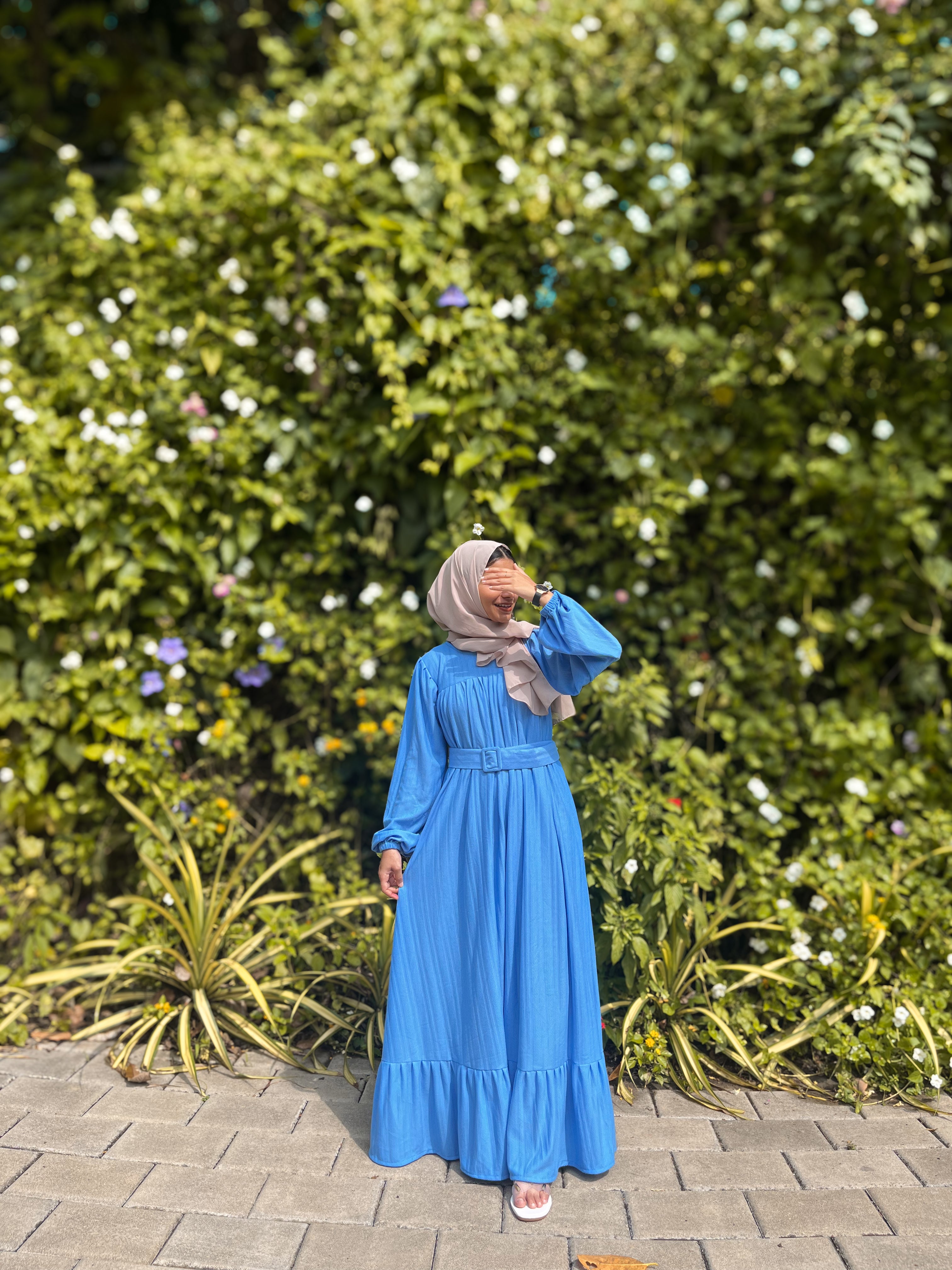 Yezwe Blue Textured Rib Maxi Dress with Belt - Modest Wear