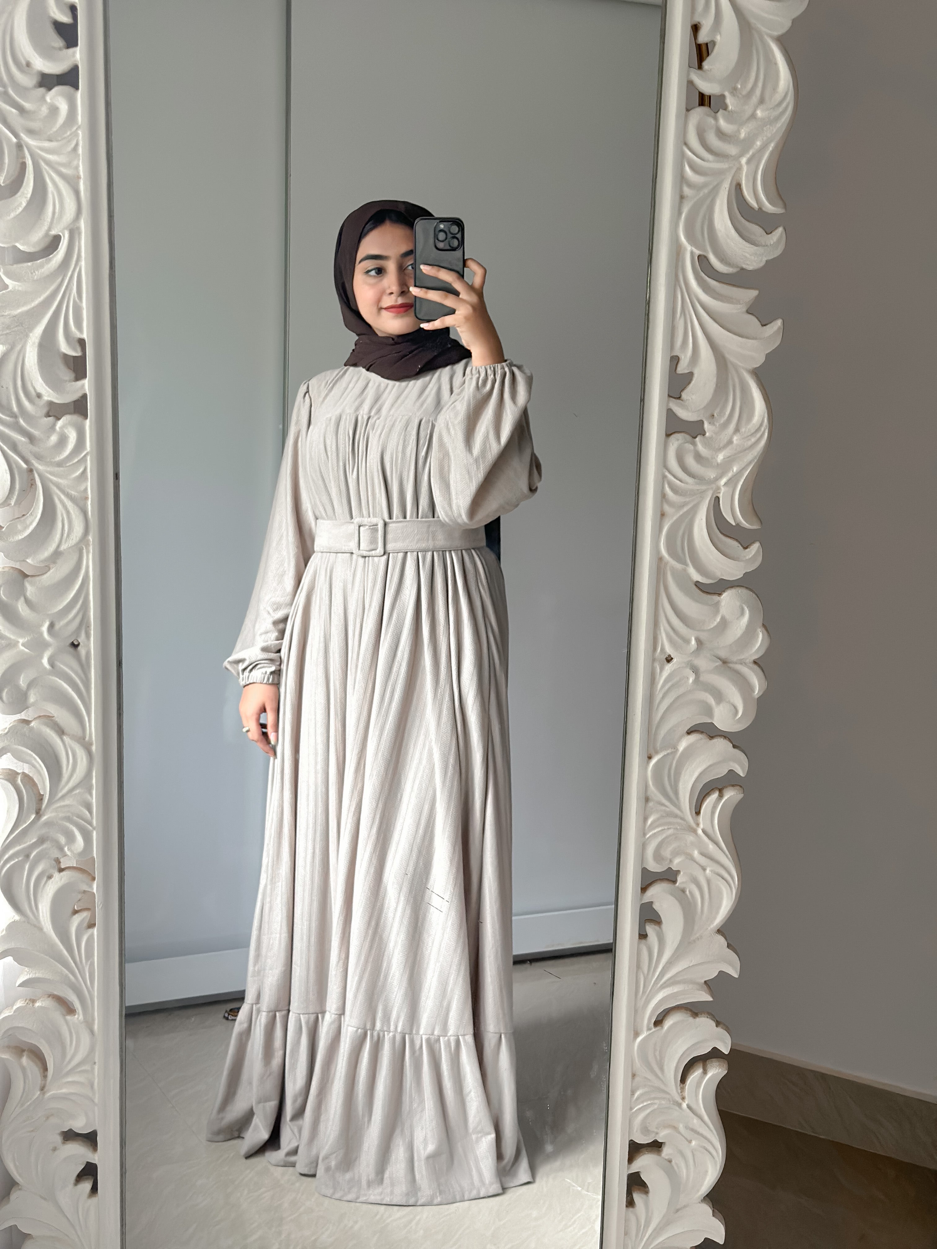 Yezwe Beige Textured Rib Maxi Dress with Belt - Modest Wear