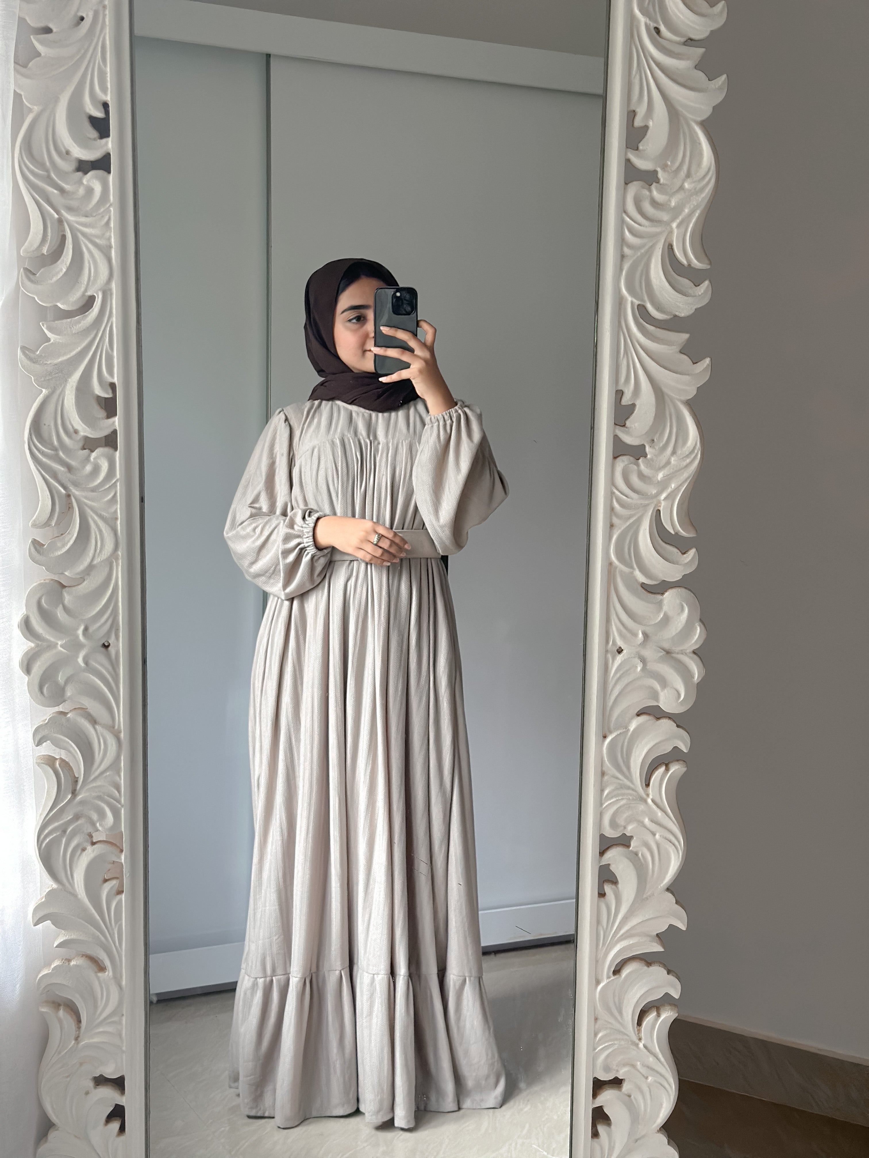 Yezwe Beige Textured Rib Maxi Dress with Belt - Modest Wear