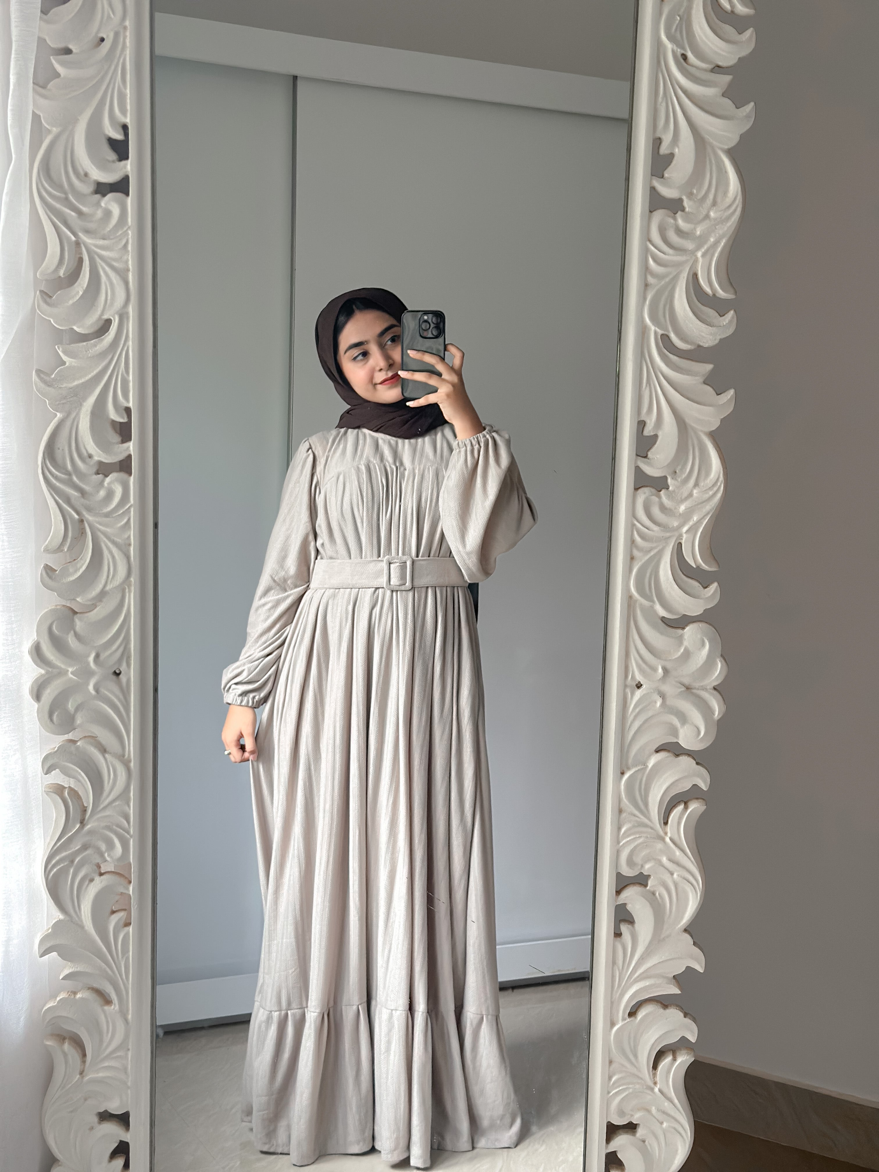 Yezwe Beige Textured Rib Maxi Dress with Belt - Modest Wear