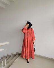 Yezwe Brick Red Small Floral Georgette Asymmetric Cut Maxi Dress with Lycra Lining - Modest Wear