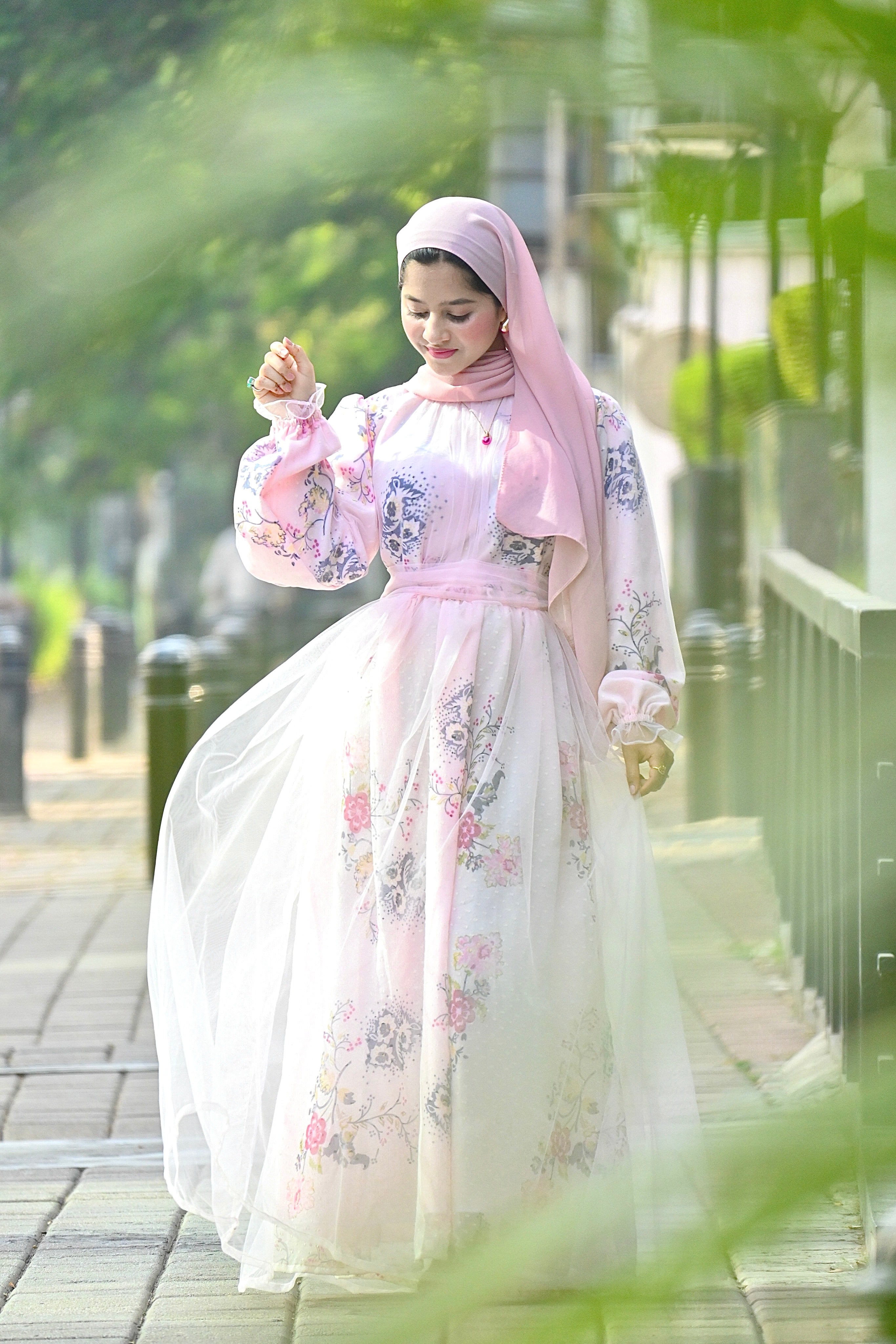 Yezwe Pink Floral Net Georgette Maxi Dress for Women - Modest Party Wear
