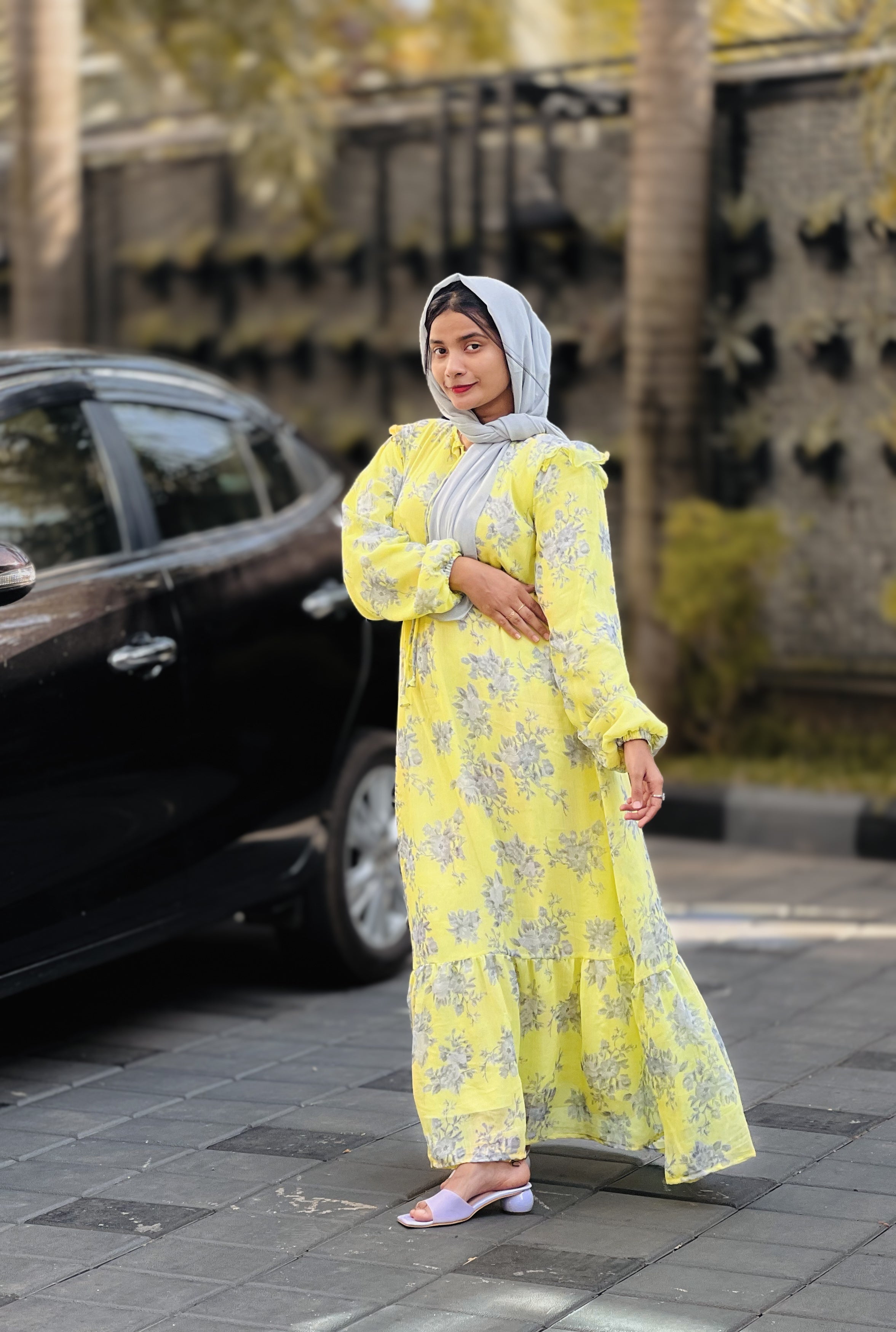 Lemon Yellow Maxi Dress with Flare and Cloth Belt - Elegant Full Length Dress