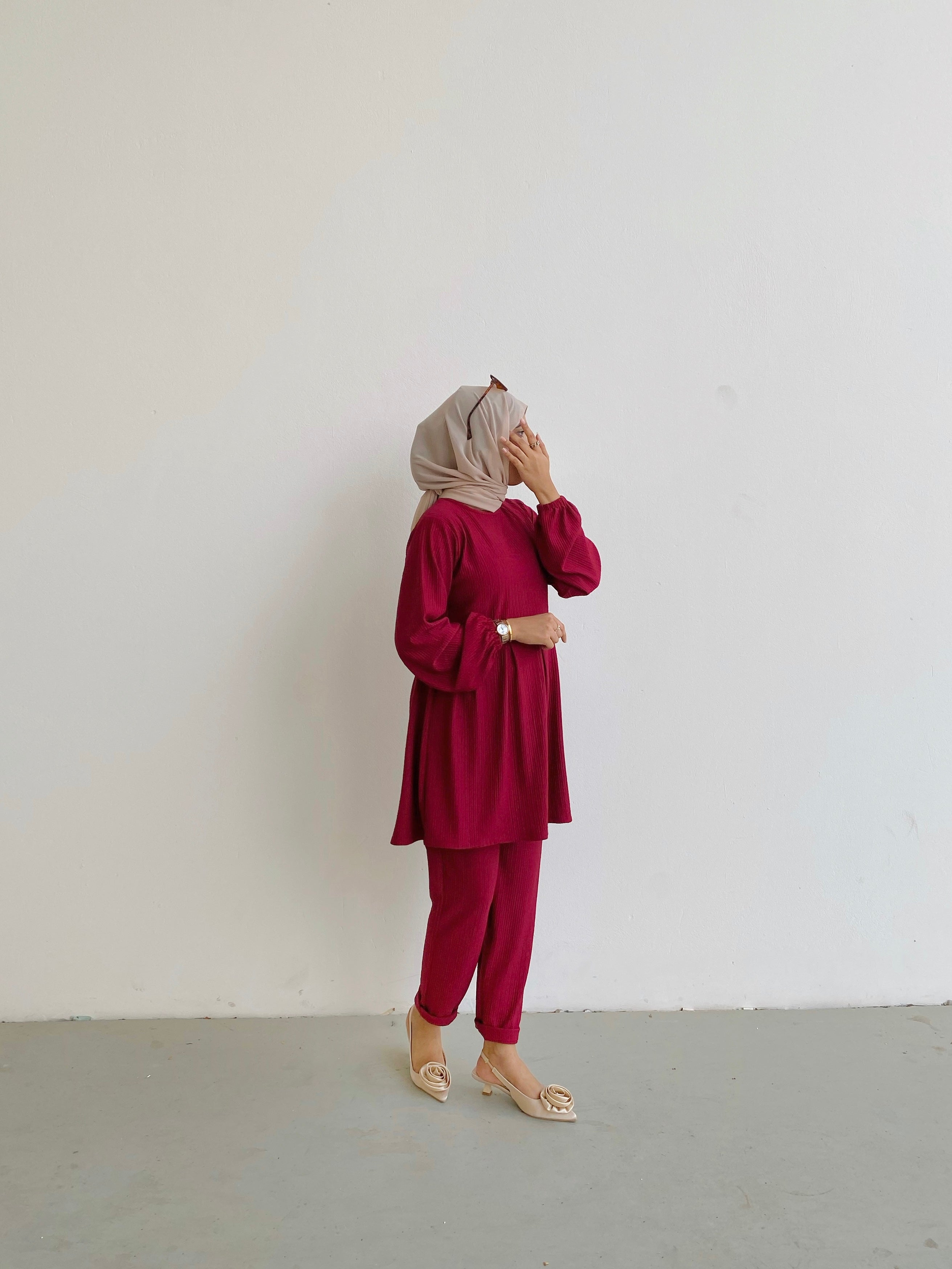 Yezwe Red Textured Rib Top and Pant Co-ord Set - Modest Wear