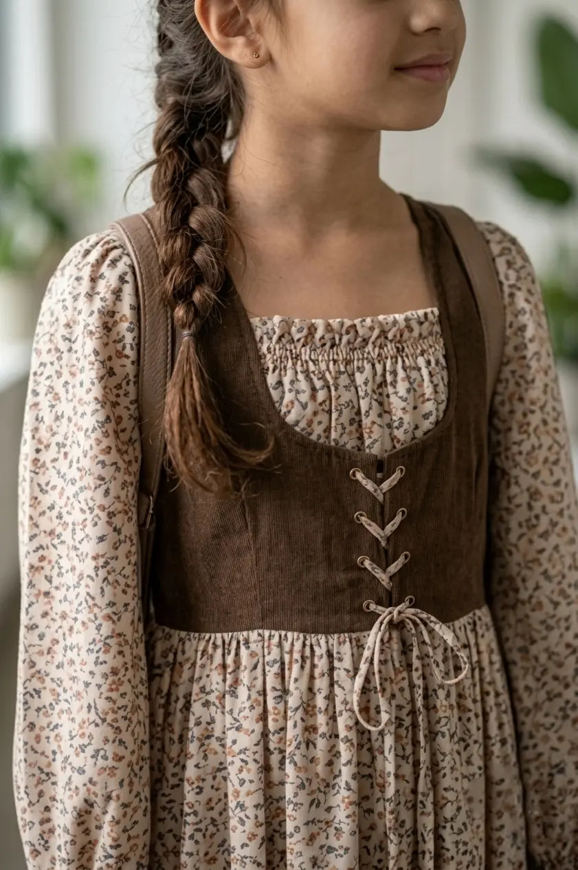 Minyez Junior Girls Beige Floral Linen Lux Dress with Corduroy Bodice Minyez Junior Girls Beige Floral Linen Lux Dress with Corduroy Bodice