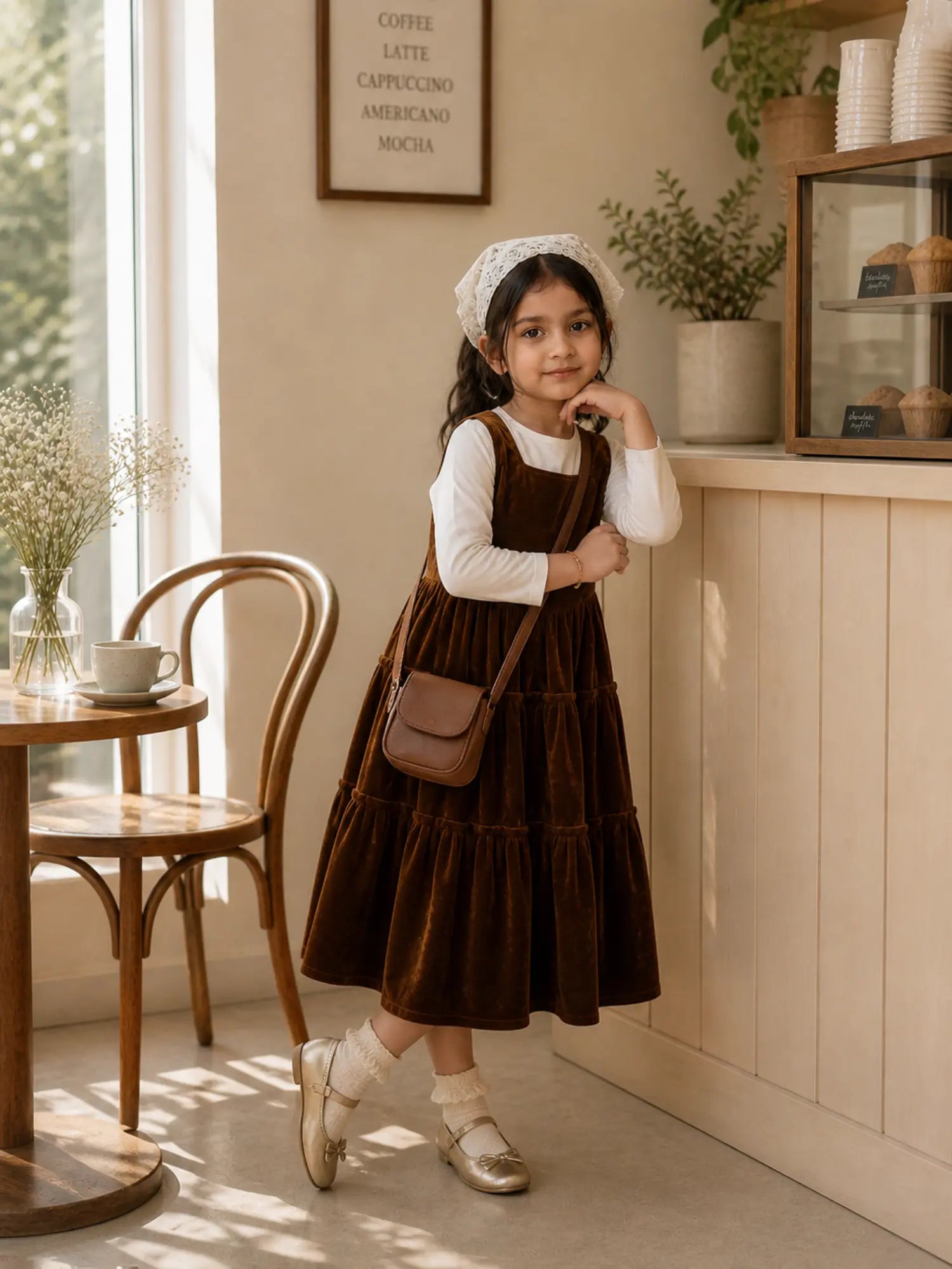 Junior girl wearing brown velvet tiered pinafore dress with white full sleeve inner top and sling bag