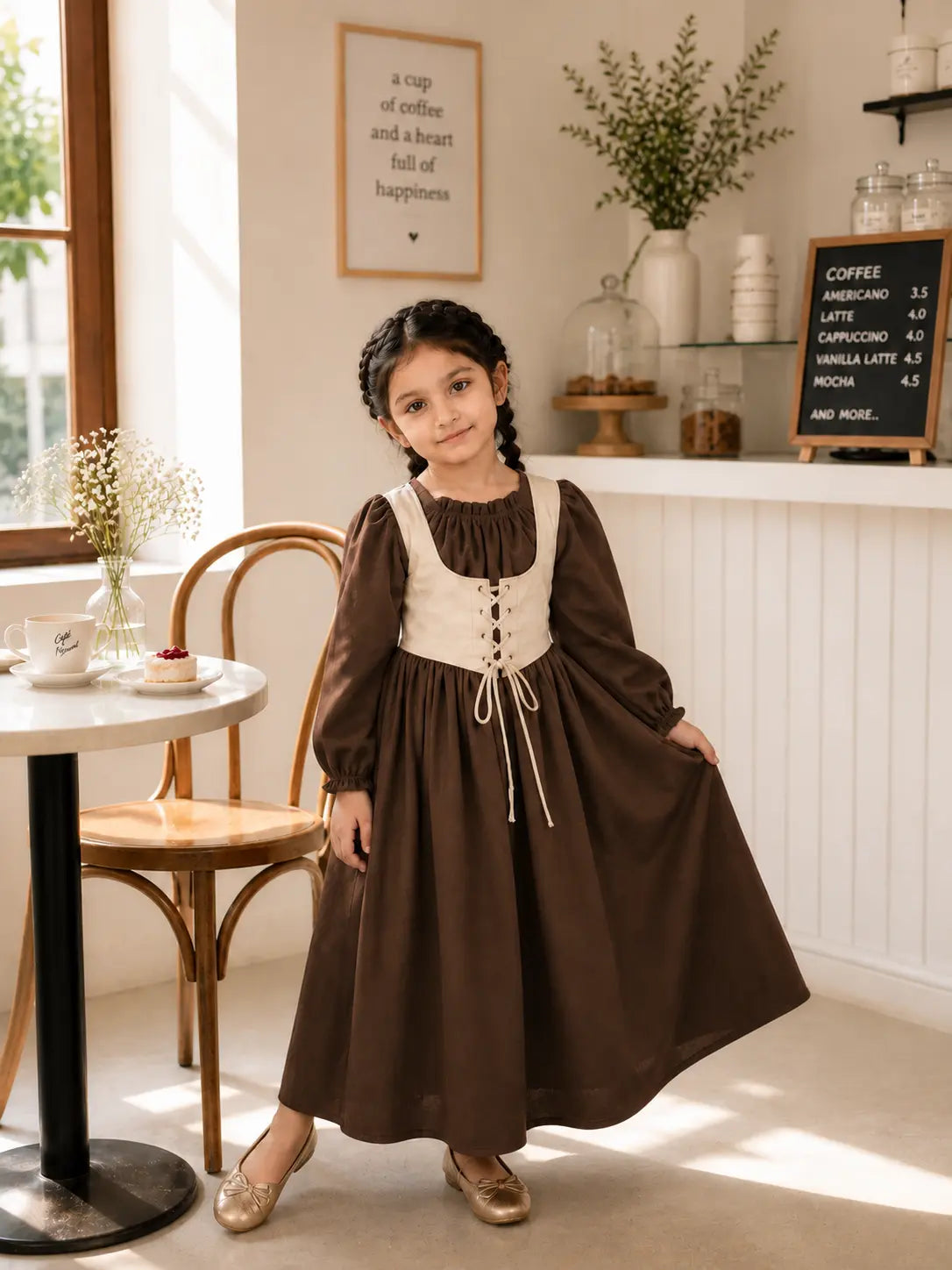 Junior girl wearing a chocolate brown maxi dress with cream lace-up corset bodice and puff sleeves, posing in a warm café-style interior.