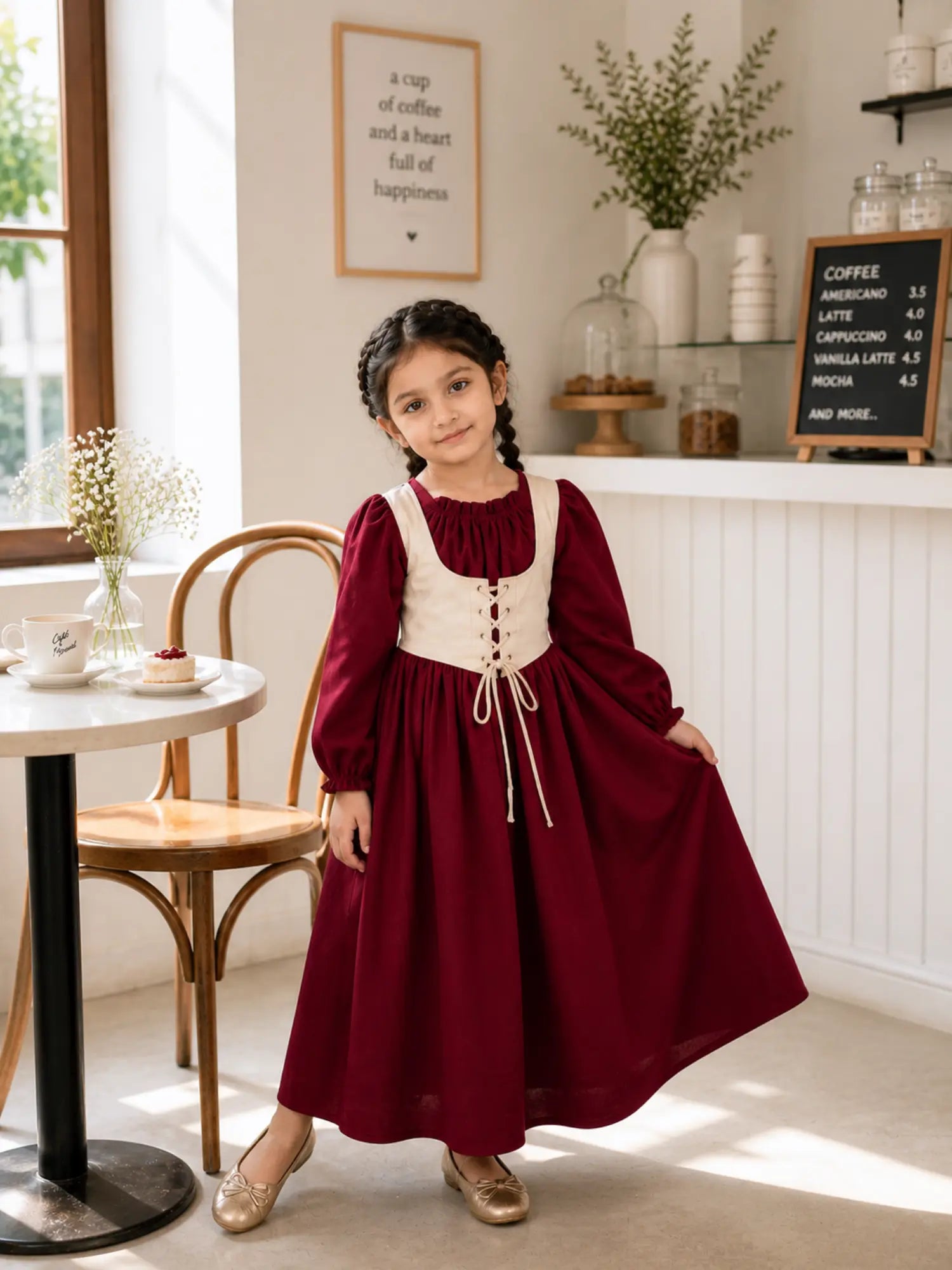 Junior girl wearing maroon puff sleeve maxi dress with cream corset waist detail in cafe setting