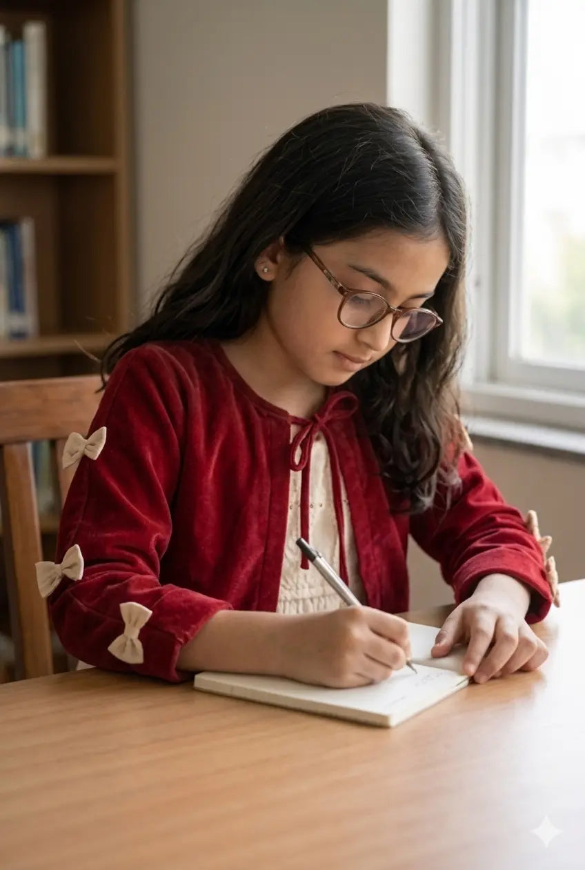 Junior girl wearing red velvet coat over cream dress, sitting and writing at table, modest kids outfit with bow sleeve details