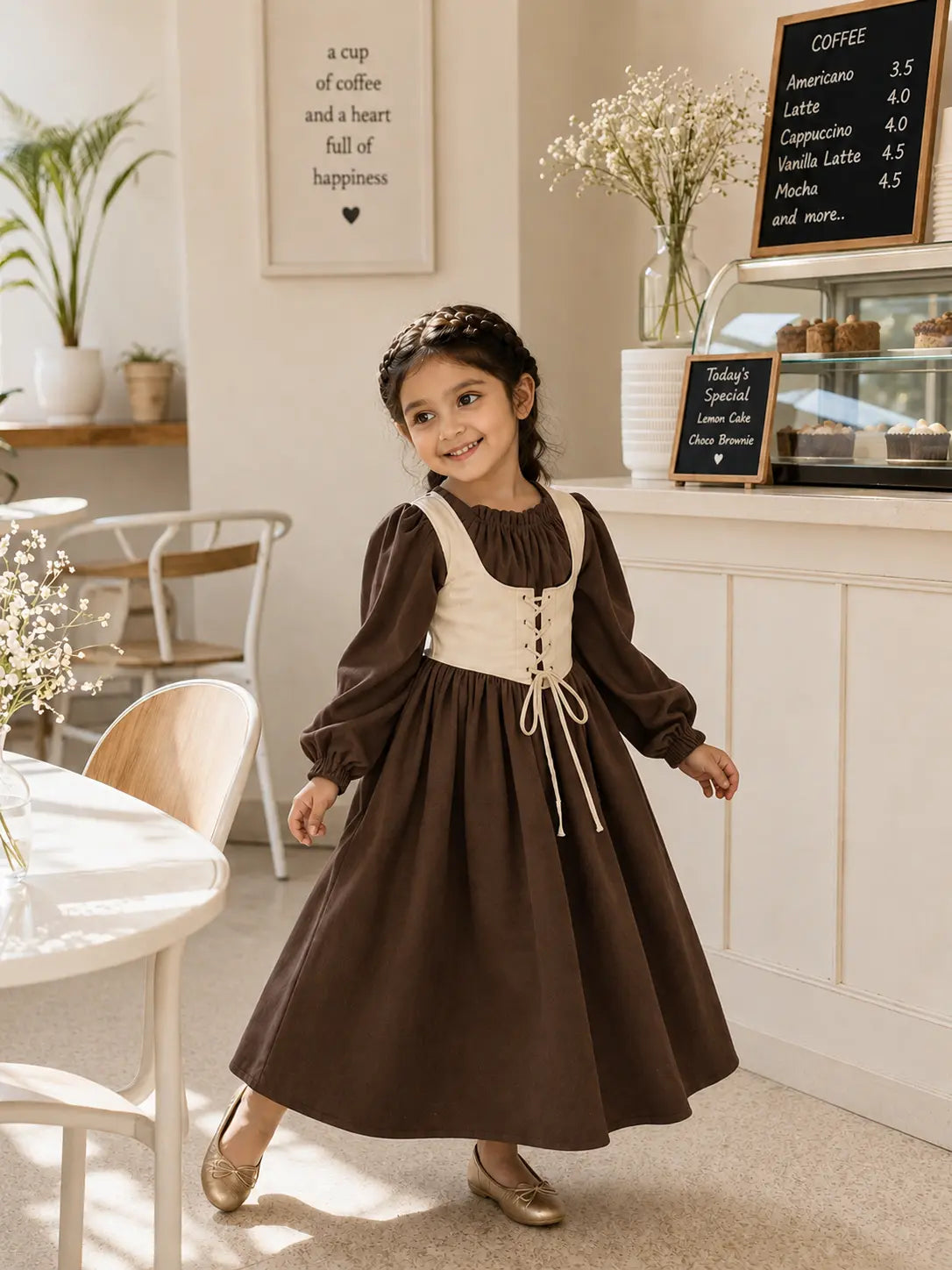 Junior girl twirling in a vintage-style brown maxi dress with cream corset bodice and puff sleeves in a bright café-inspired setting.