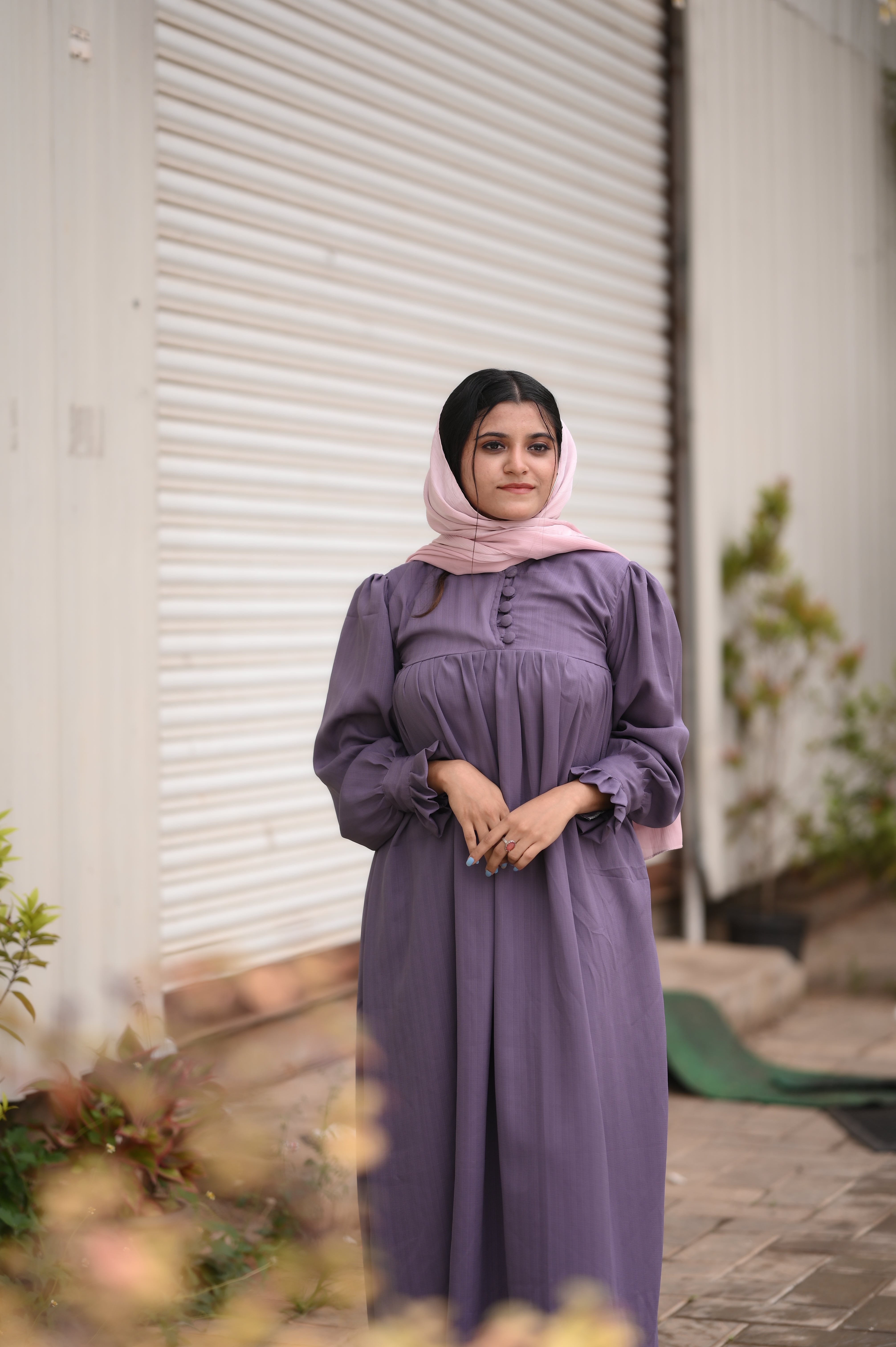 Yezwe Grape Purple Plain Maxi Dress with Front Open - Modest Wear