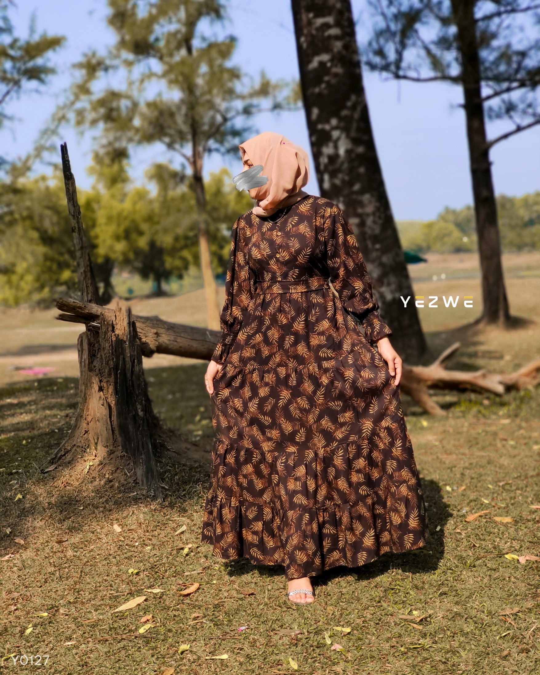 Yezwe Brown Leaves Print Maxi Dress - Modest Wear