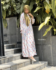 Yezwe Floral White Print Maxi Dress with Cloth Belt - Modest Wear