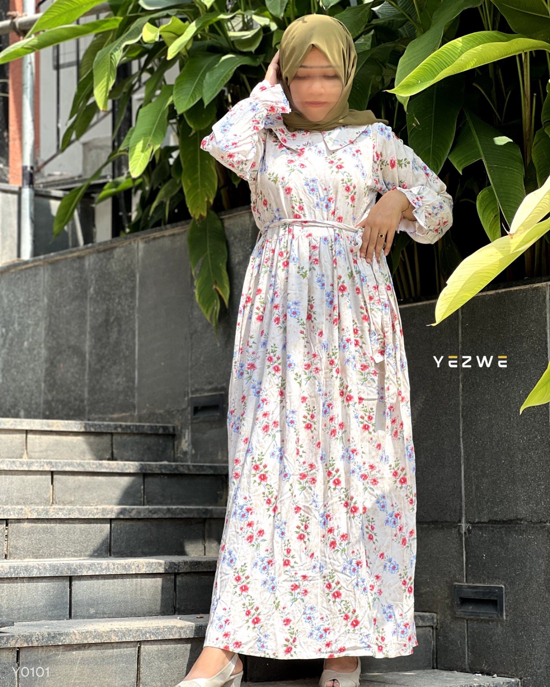 Yezwe Floral White Print Maxi Dress with Cloth Belt - Modest Wear