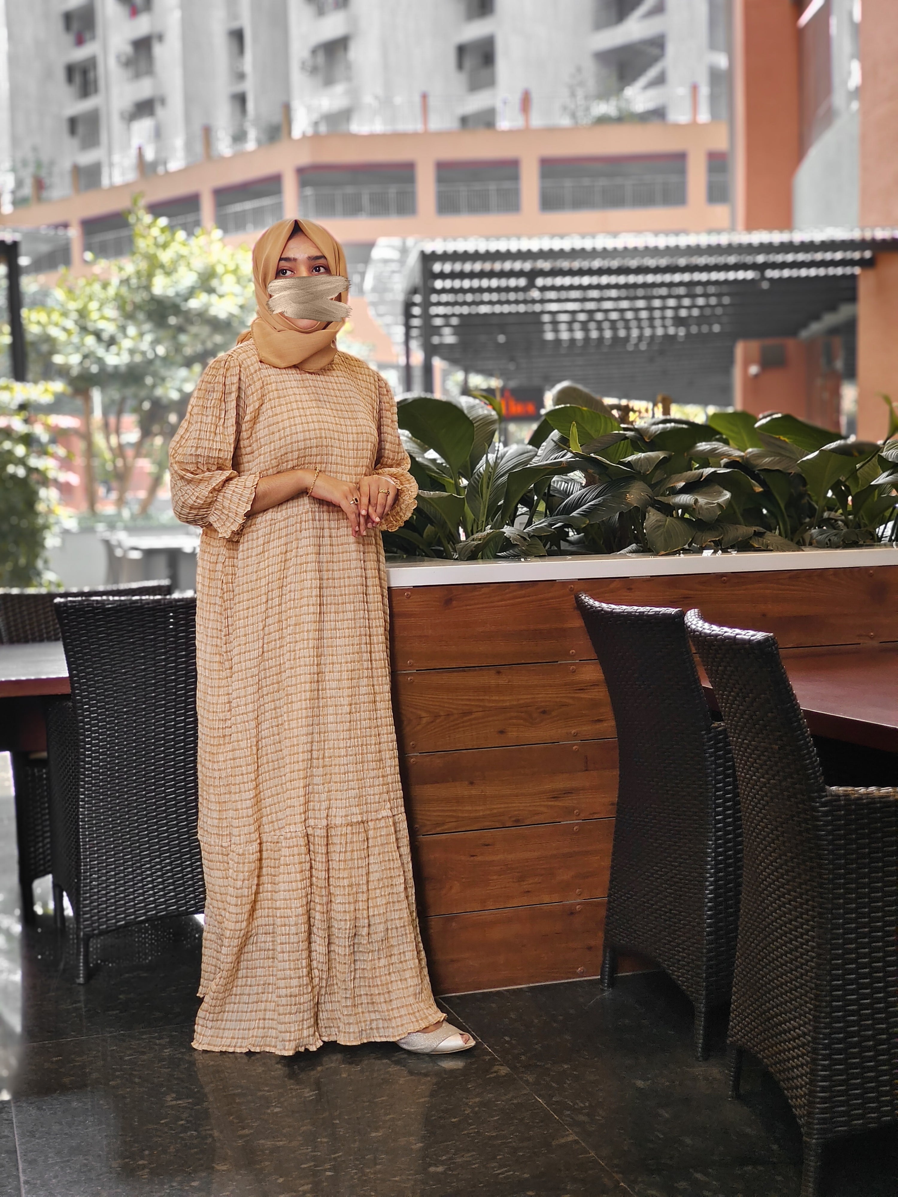 Yezwe Check Print Crush Beige Oversize Comfortable Maxi Dress - Modest Wear