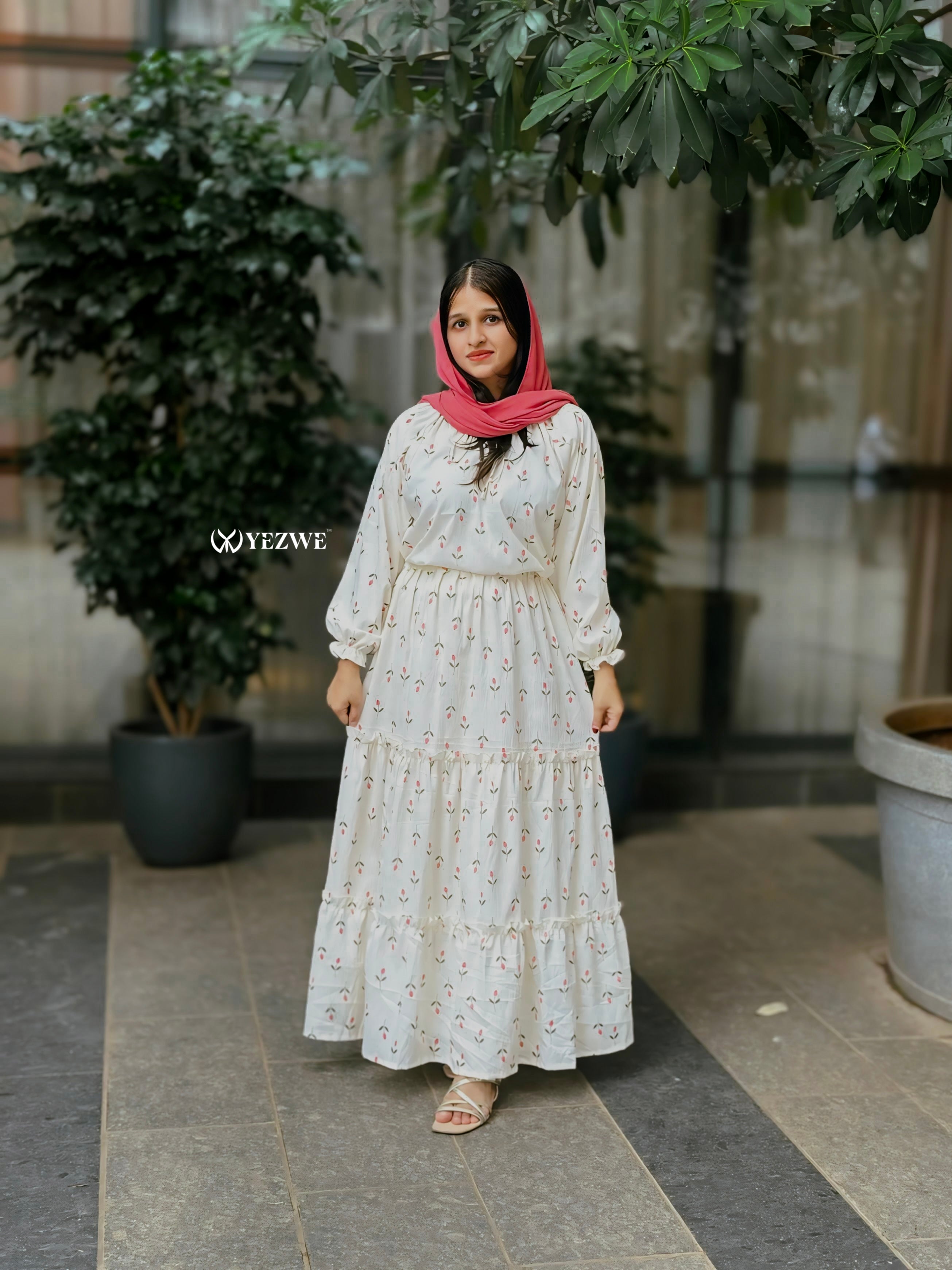 Yezwe Off White Small Print Crush korean Oneset  Top And Skirt – Modest Wear