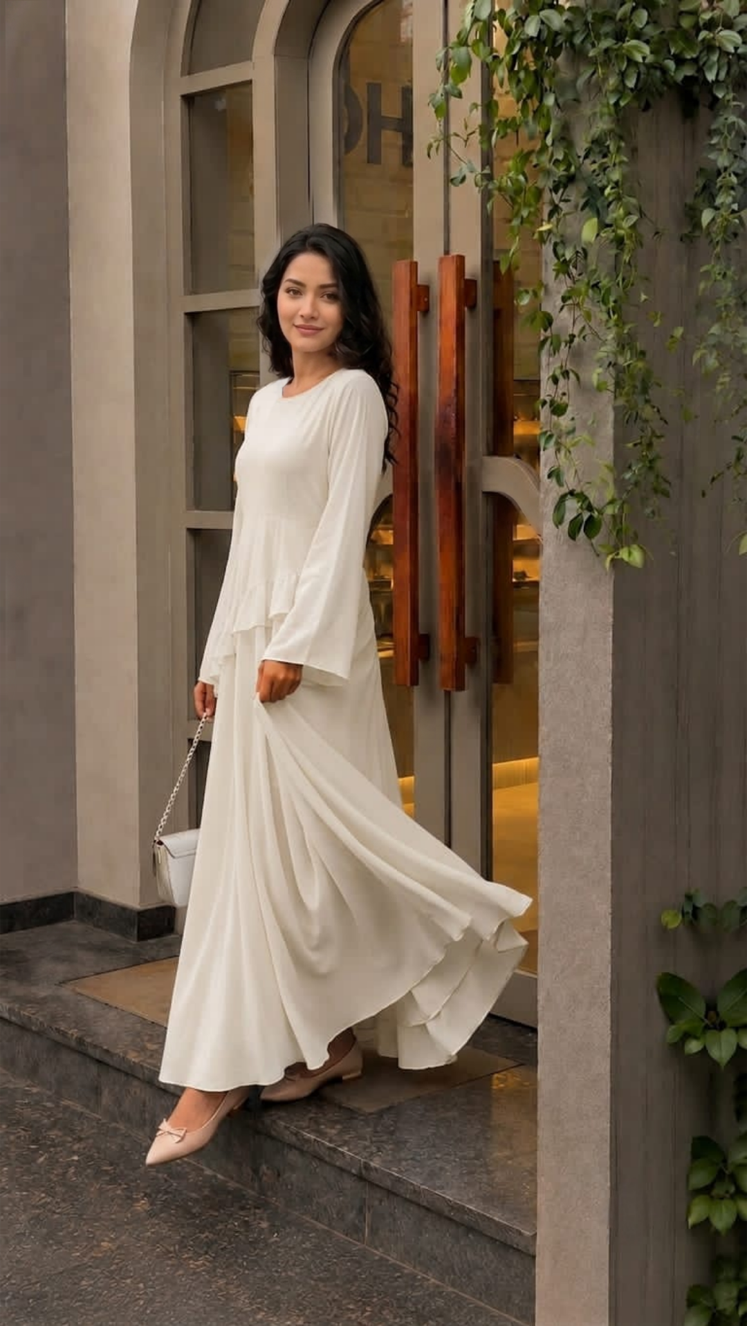 Yezwe Ivory Faux Georgette Asymmetric Ruffle Maxi Dress | Lace-Up Back & Flowing Silhouette for Women