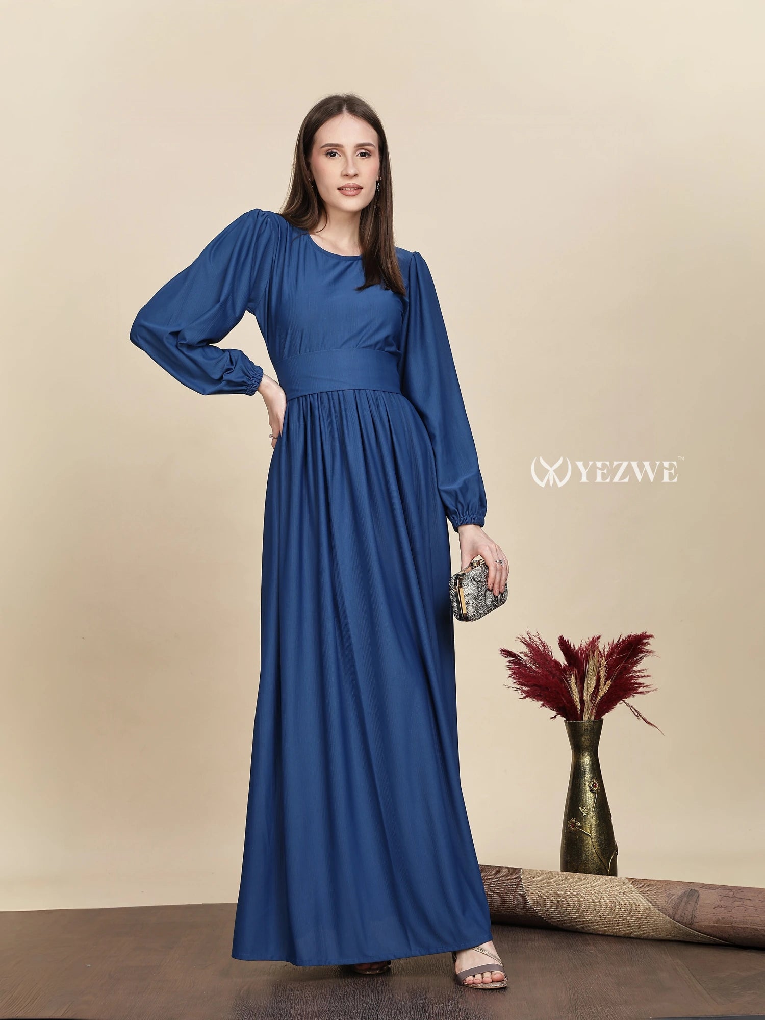 Yezwe Dark Navy Blue Graceful Gathered Waist long sleeve dress- Maxi Dress Maxi Dress