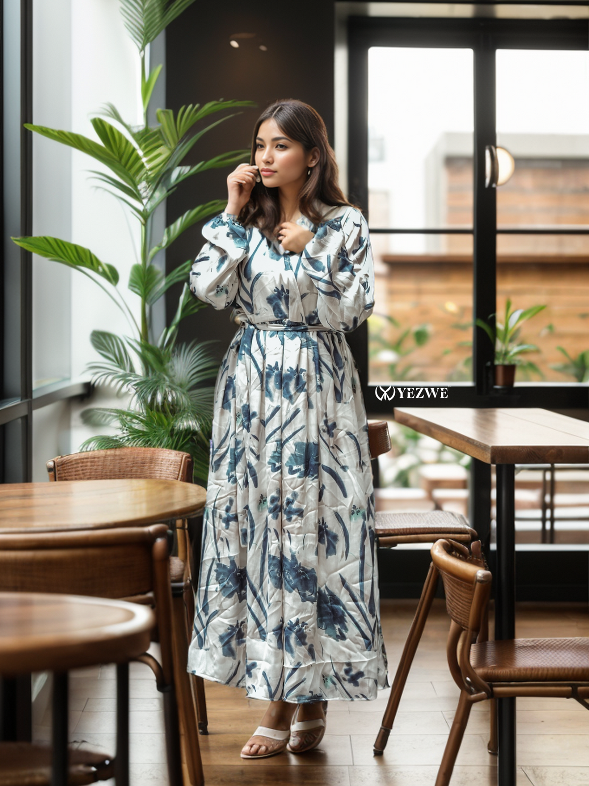 Yezwe Peacock Blue Assorted Floral V-Neck Maxi Dress with Satin Touch Wrinkle Fabric - Modest Wear