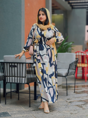 Yezwe geometrical Pattern Front Open Maxi Dress with Belt and Pocket - Modest Wear