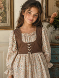 Miniyez Junior Girls Beige Floral Linen Lux Dress Kids Wear