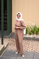 Yezwe Chikoo Brown Crush Material Jumpsuit with Belt and Front Open - Modest Wear