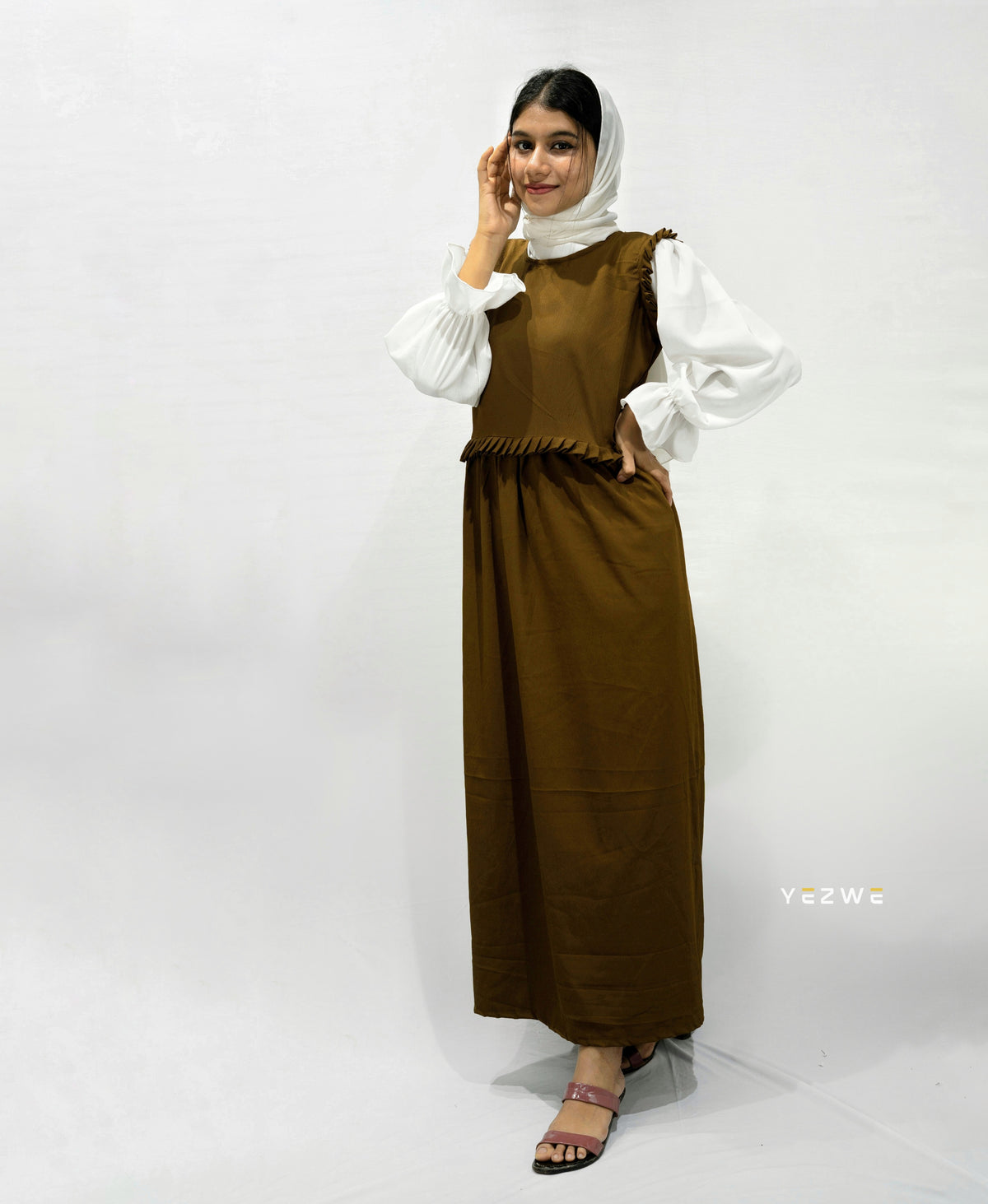 Yezwe Brown Dungaree with White Crush Material Top - Modest Wear