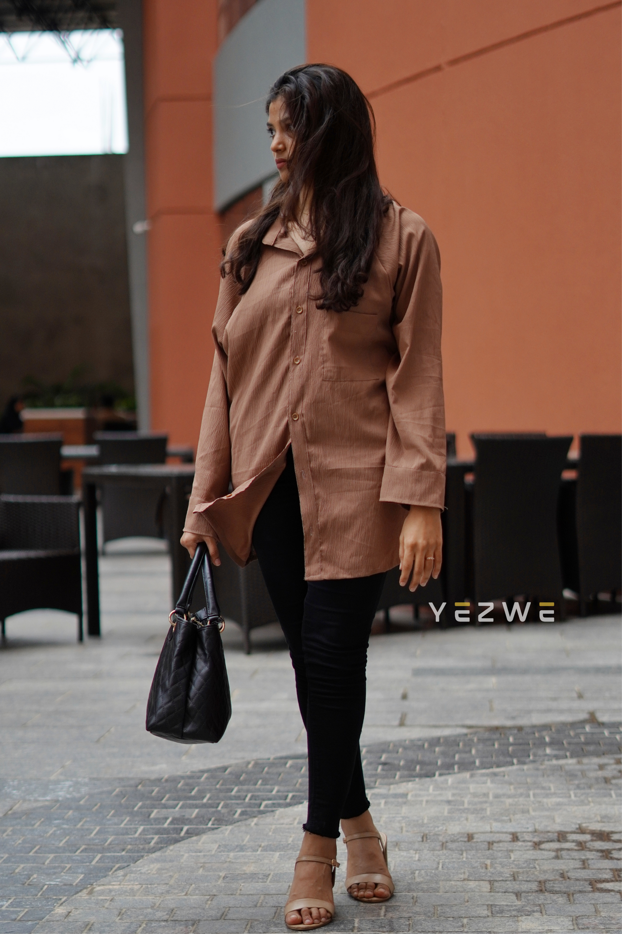 Yezwe Oversize Brown Crush Shirt - Crush Material Modest Wear