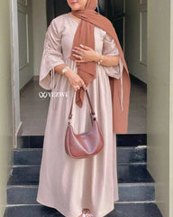 Yezwe Beige Cey Flare Dress with Ruched Sleeves | Modest Occasionwear