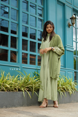 Yezwe Sage Green Ruffle Neck Plain Maxi Dress - Modest Wear