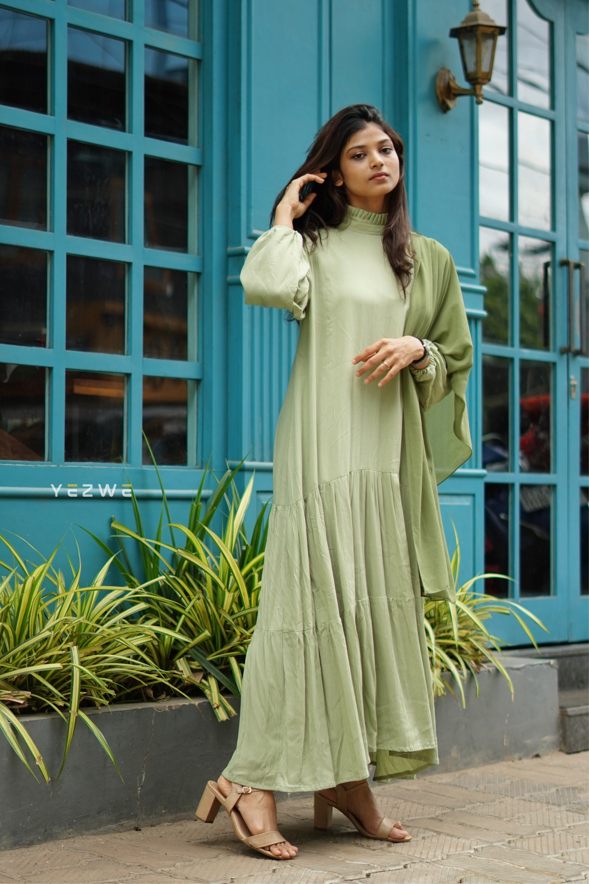 Yezwe Sage Green Ruffle Neck Plain Maxi Dress - Modest Wear