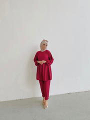 Yezwe Red Textured Rib Top and Pant Co-ord Set - Modest Wear