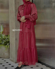 Yezwe Maroon Satin Top with Attached Net Overlay Satin Skirt | Modest Co-ord Set