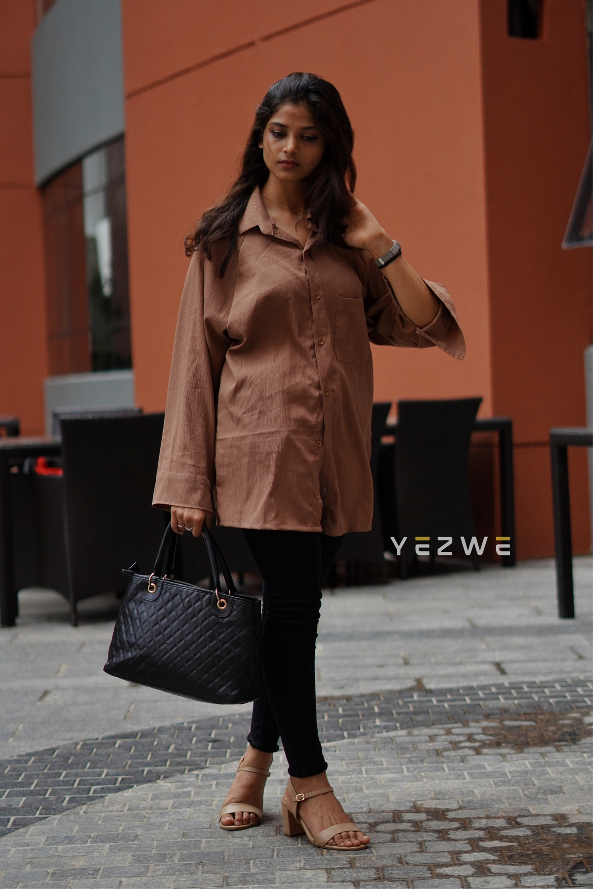 Yezwe Oversize Brown Crush Shirt - Crush Material Modest Wear