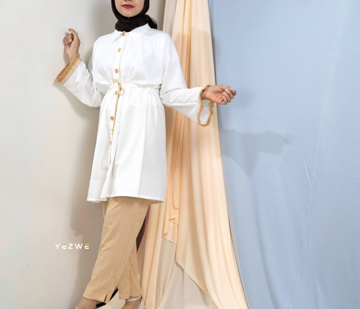 Yezwe White Crush Open Shirt with Lace In Hand and Beige Pant Co-ord Set - Modest Wear