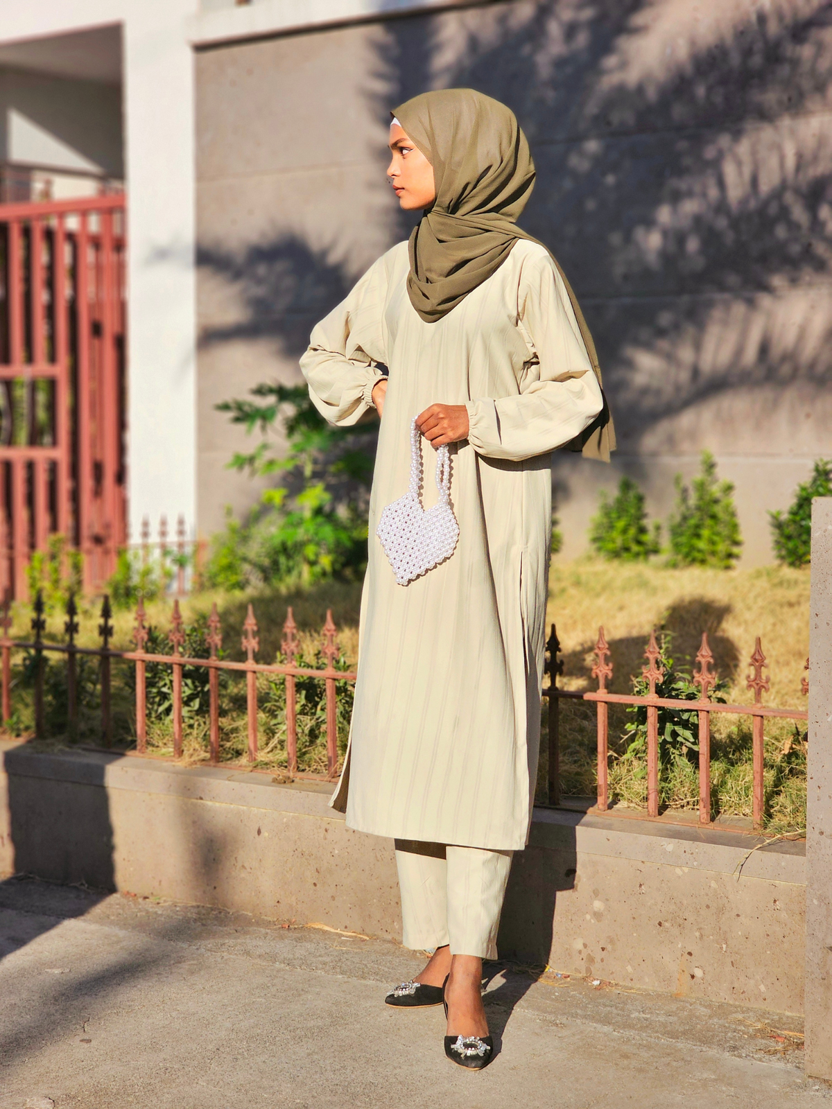 Yezwe Textured Beige Long Top and Pant Co-ord Set - Modest Wear